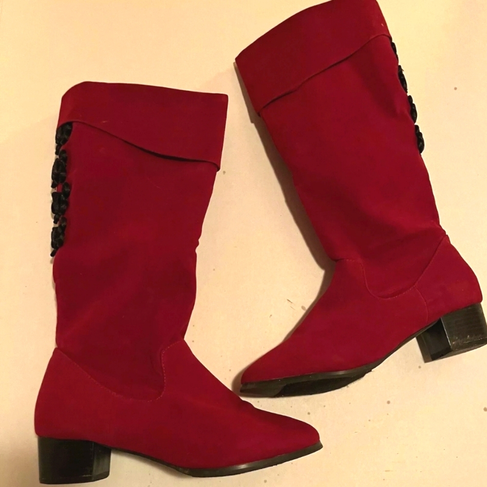 Classique Red & Black Satin Ribbon Boots SZ: US 9